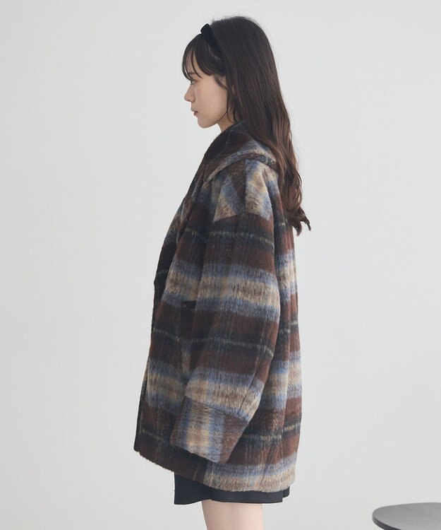 earth music&ecology チェックシャギーコート Check Brown