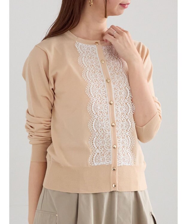 Te chichi フロントレースクルーネックカーディガン ベージュ