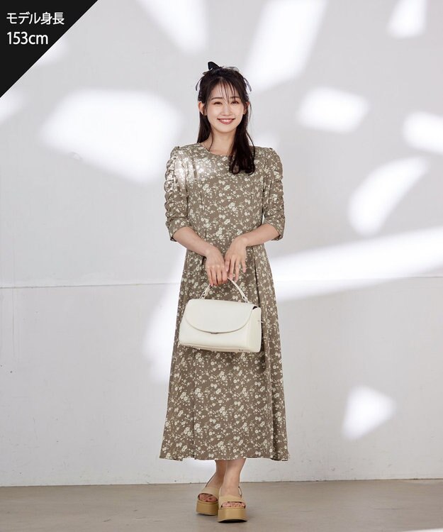 Tiaclasse L 【洗える】ギャザースリーブ花柄ワンピース モカ