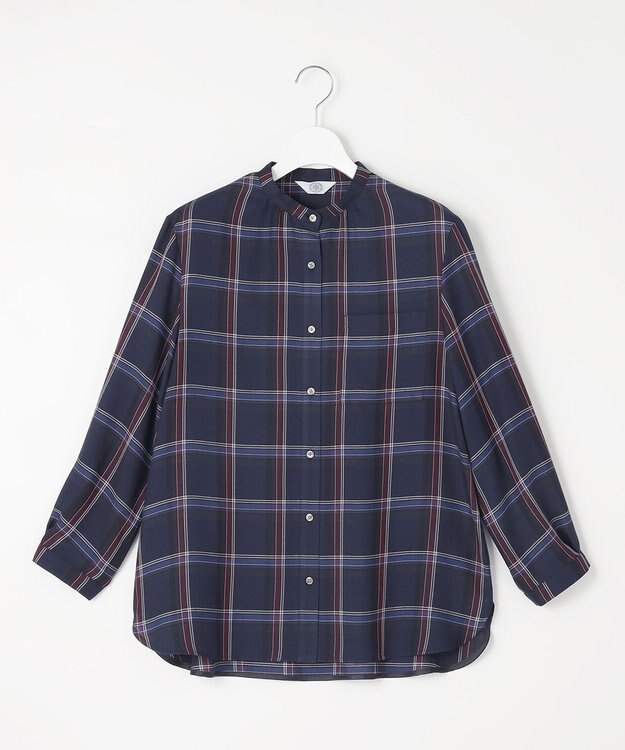 J.PRESS LADIES 【洗える】ハイツイストチェック バンドカラー ブラウス ネイビー系3