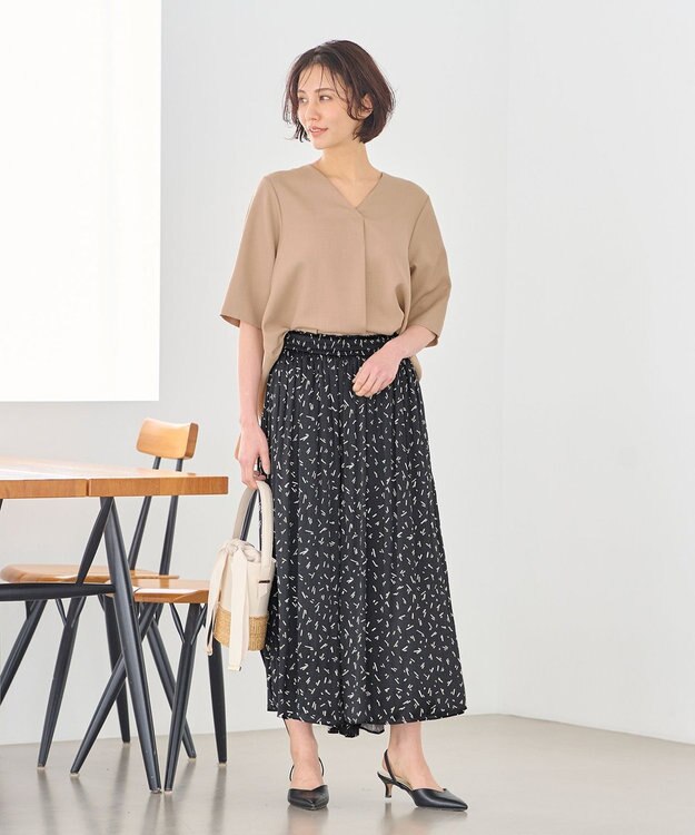 自由区 L 【ウエストゴム・長さ調整可・洗える】ビンテージサテンプリント柄 ガウチョパンツ ブラック系5