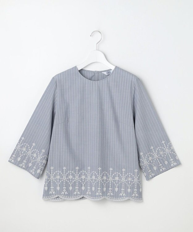 J.PRESS LADIES S ストライプ×エンブロイダリー クルーネック ブラウス ネイビー×ホワイト系