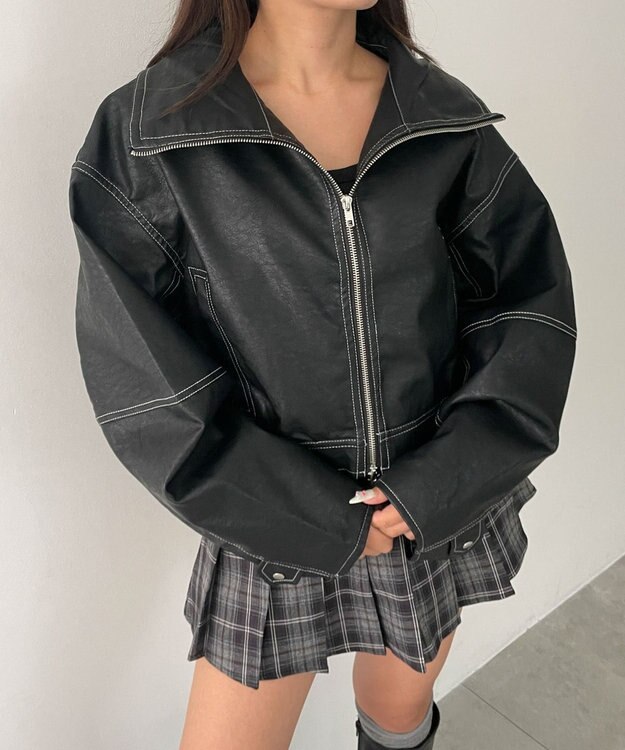 WEGO 配色ステッチWZIPショートブルゾン ブラック