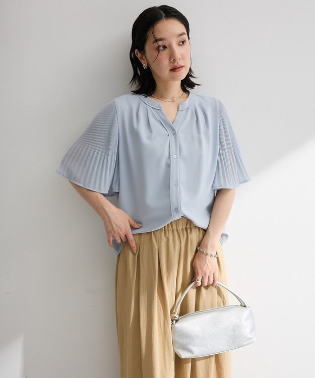 Green Parks 袖プリーツブラウス Blue Gray