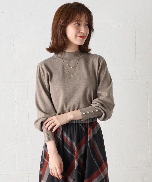 ANY 【洗濯機可/吸湿発熱】パフスリーブパールニット モカ