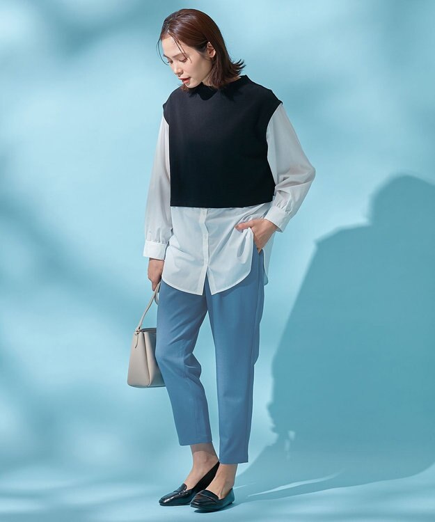 ANY 【洗える】異素材コンビ レイヤードトップス ブラック×ホワイト