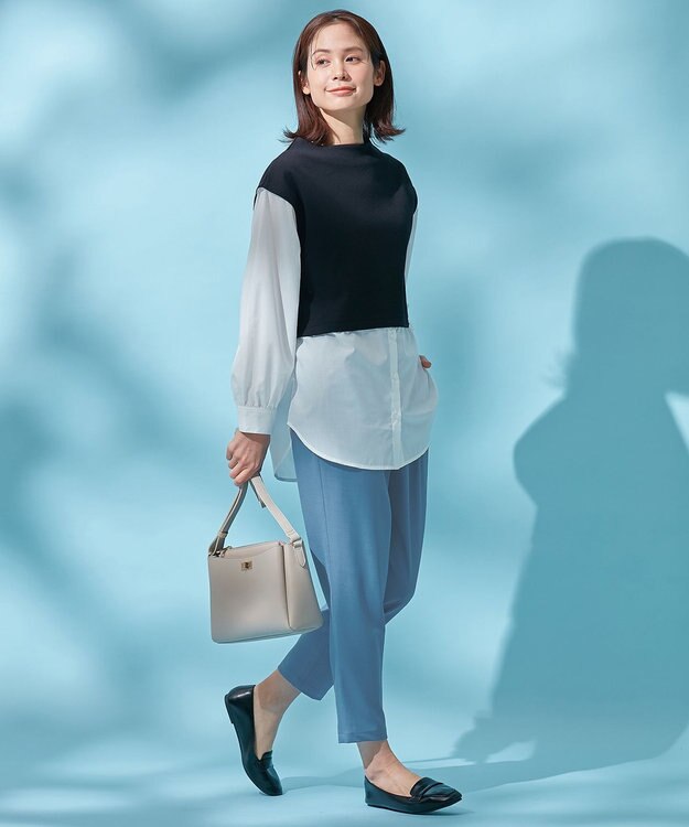 ANY 【洗える】異素材コンビ レイヤードトップス ブラック×ホワイト