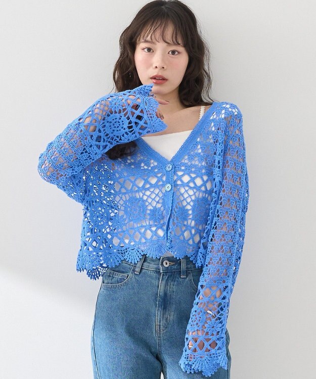 earth music&ecology クロシェ風Ｖネックカーディガン Blue