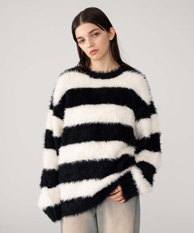 WEGO 【2025秋冬新作/ユニセックス着用ITEM/MLサイズ展開】フェザーニットプルオーバー ホワイトボーダー