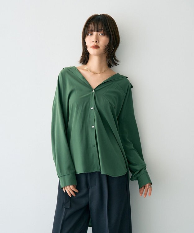 YECCA VECCA バックギャザーロングシャツ Green