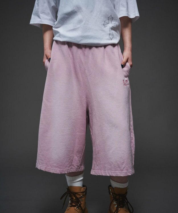 WEGO 【ユニセックス着用ITEM/ウエストゴム】ダメージアップリケショートパンツ ピンク