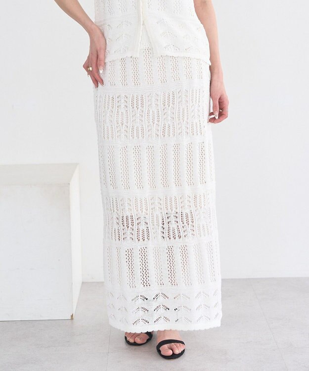 earth music&ecology 【セットアップ対応】透かし編みニットＩラインスカート Off White