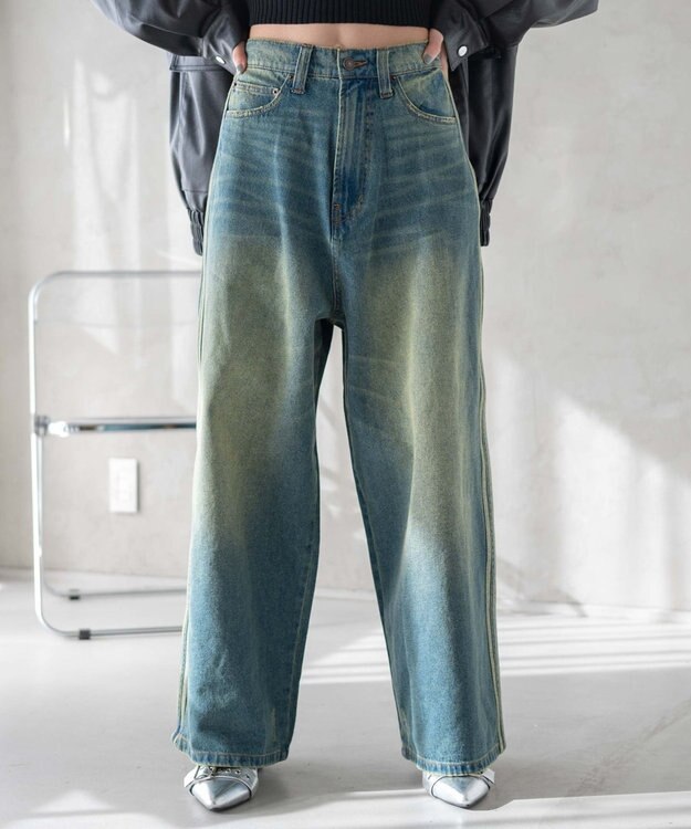 WEGO サイドラインワイドデニムパンツ デニム中濃加工色