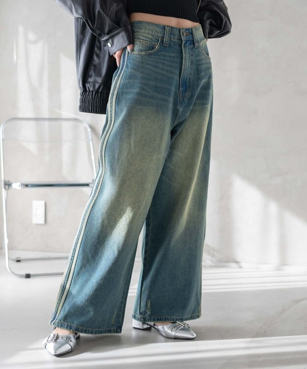 WEGO サイドラインワイドデニムパンツ デニム中濃加工色