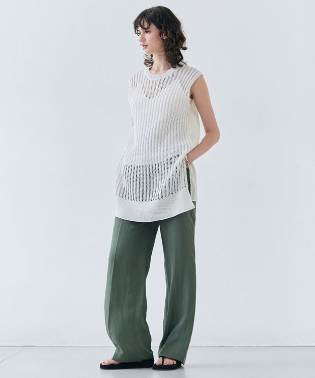 BEIGE， 【洗える】ALOE / コットンメッシュオーガンジーノースリーブニット Ecru