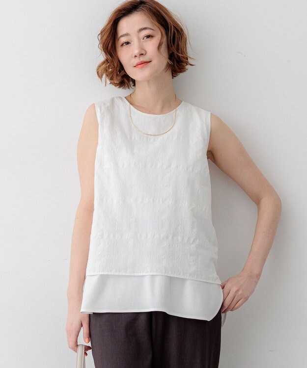 23区 【先行予約】シアーチェックレイヤード スリーブレス Tブラウス ホワイト系