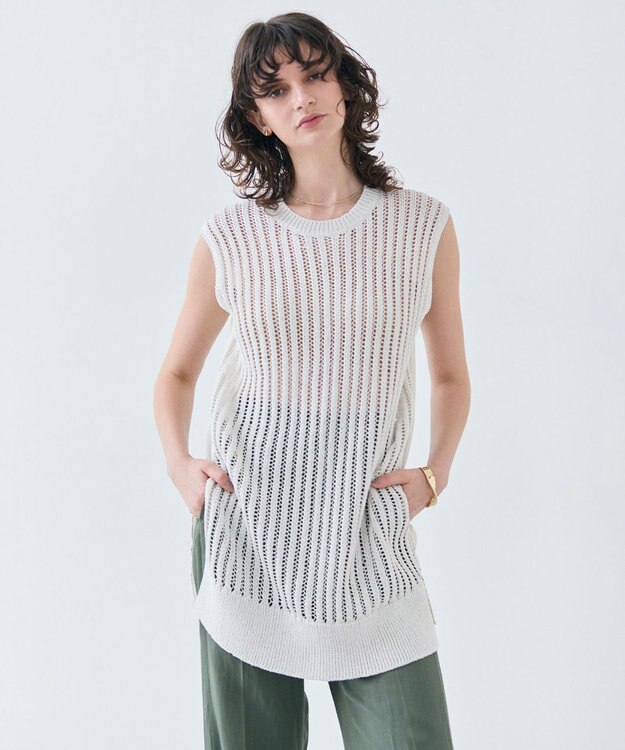 BEIGE， 【洗える】ALOE / コットンメッシュオーガンジーノースリーブニット Ecru