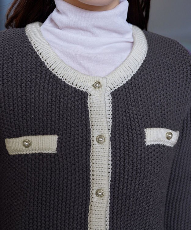 Tiaclasse 【洗える】ミドル丈配色ノーカラーニットジャケット チャコールグレー