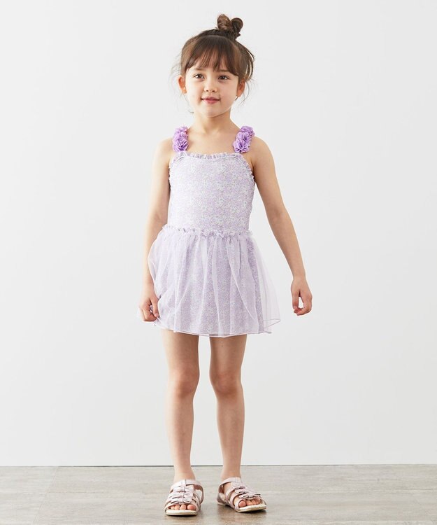ANY KIDS 花柄チュールワンピース水着 ラベンダー系