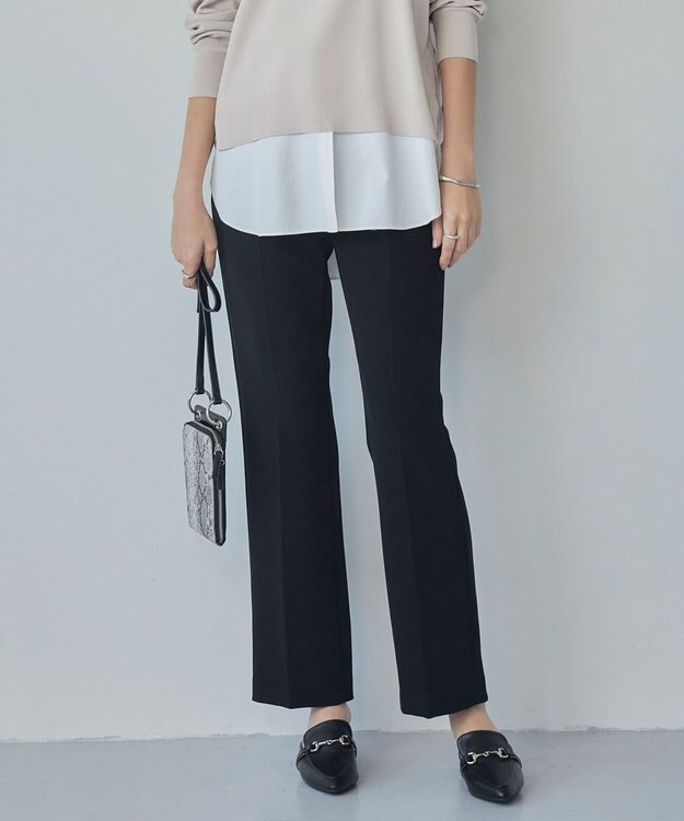 ICB 【洗える】TaPeダブルクロス セミフレアパンツ ブラック系