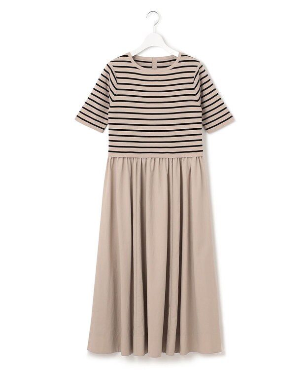 23区 【洗える】マットナイロンタフタ ニットドッキング ワンピース ベージュベース×ブラックボーダー