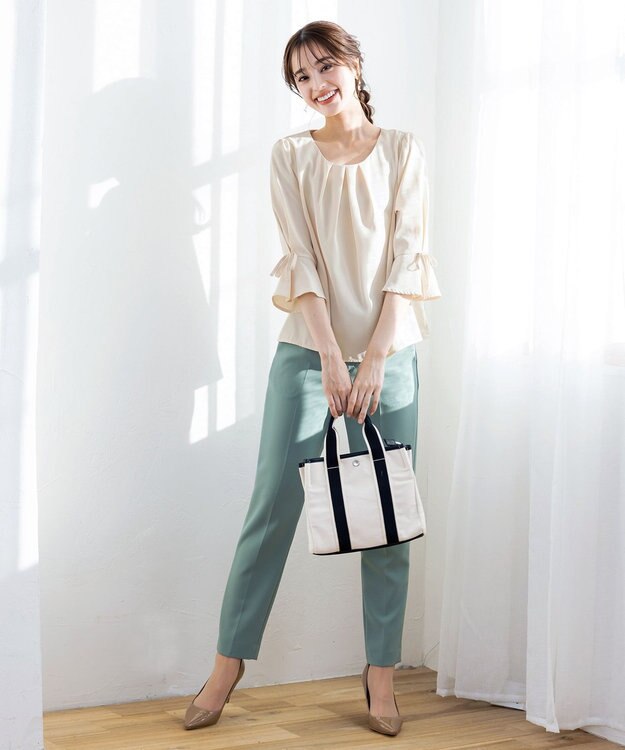 Tiaclasse 【洗える】リボン付きタックフレア袖ブラウス アイボリー