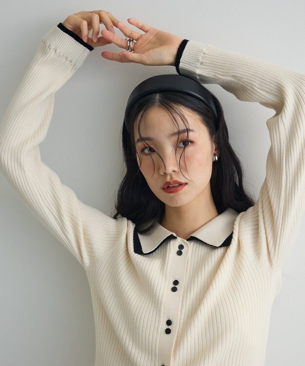 Green Parks 配色レイヤードポロリブニットカーディガン Ivory