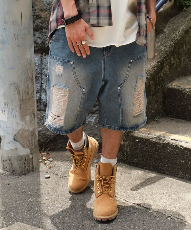 WEGO ダブルニーダメージデニムショーツ デニム中濃加工色