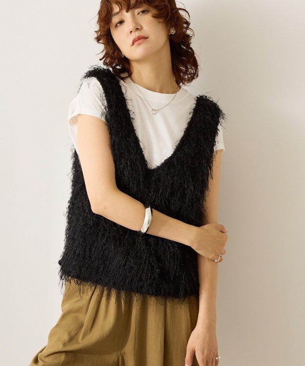 AMERICAN HOLIC 【前後2way】サイドスリットシャギーベスト Black