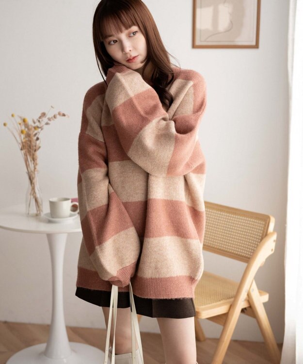 WEGO ボーダーフラッフィービッグニット ピンク