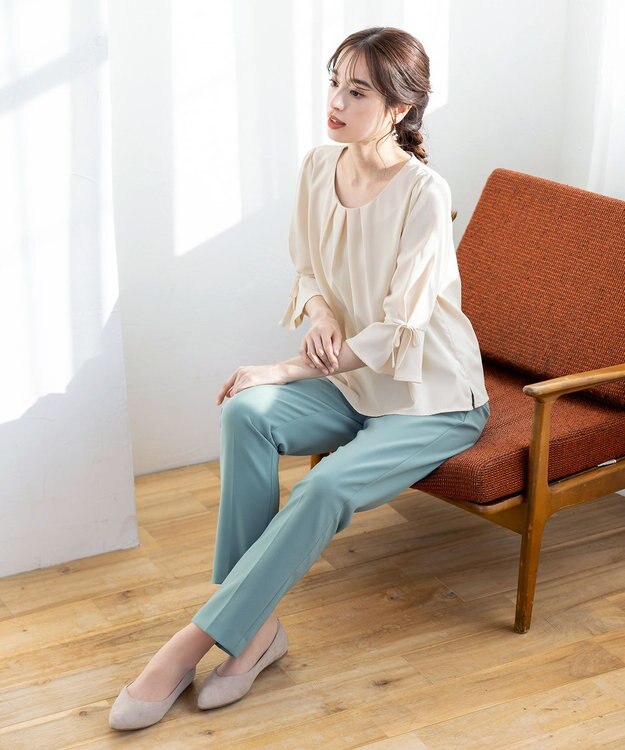 Tiaclasse 【洗える】リボン付きタックフレア袖ブラウス アイボリー