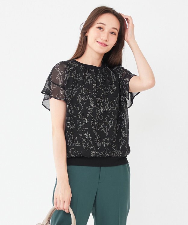 ANY SIS 【洗える】シフォンプリント ブラウス ブラック