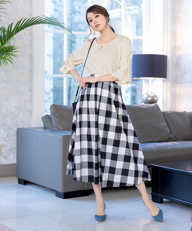 Tiaclasse 【洗える】リボン付きタックフレア袖ブラウス アイボリー