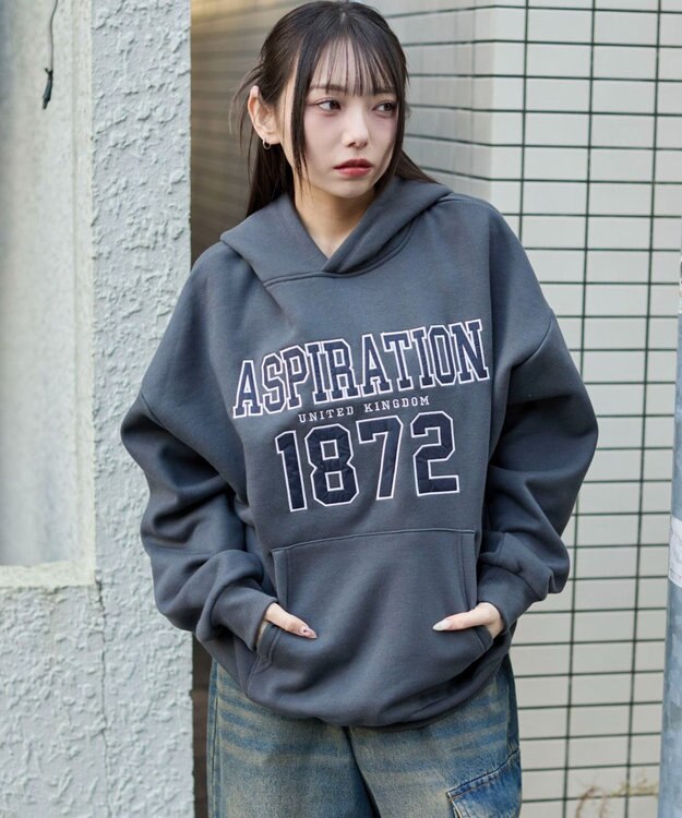 WEGO 裏起毛グラフィックビッグプルパーカー ダークグレー