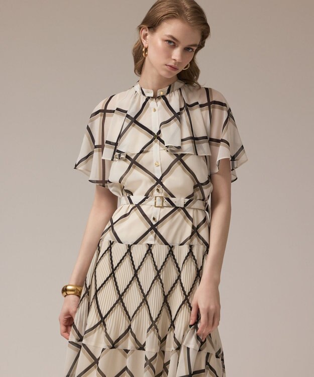 GRACE CONTINENTAL チェックプリントプリーツワンピース ベージュ