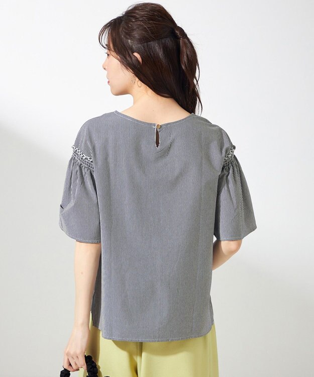 ANY SIS シルケットストライプ フレアスリーブ カットソー ネイビーストライプ