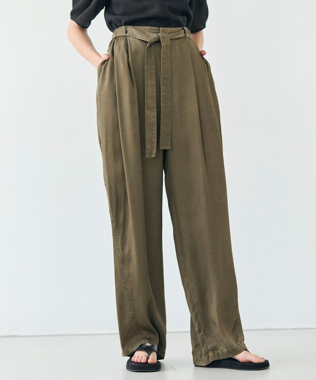 BEIGE， 【洗える・VERY 6月号掲載】PAWPAW / ウエストリボンタックワイドパンツ Khaki