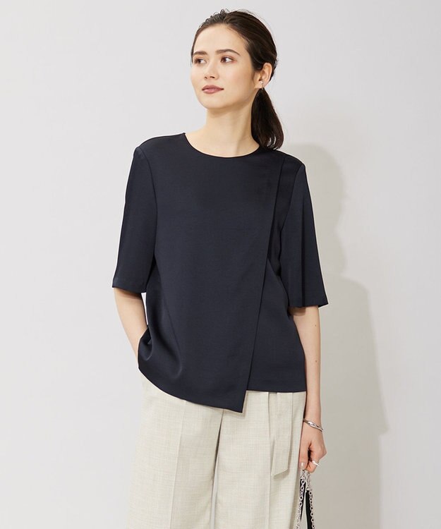 ICB 【洗える】 サテンクレープ Tブラウス ネイビー系