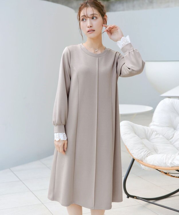 Tiaclasse L コットンレースドッキングカットソーワンピース グレージュ