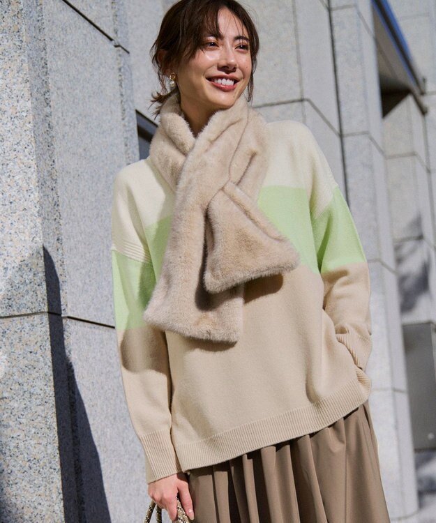 23区 S 【洗える】ウールカシミヤ カラーブロック チュニック ニット ライムグリーン