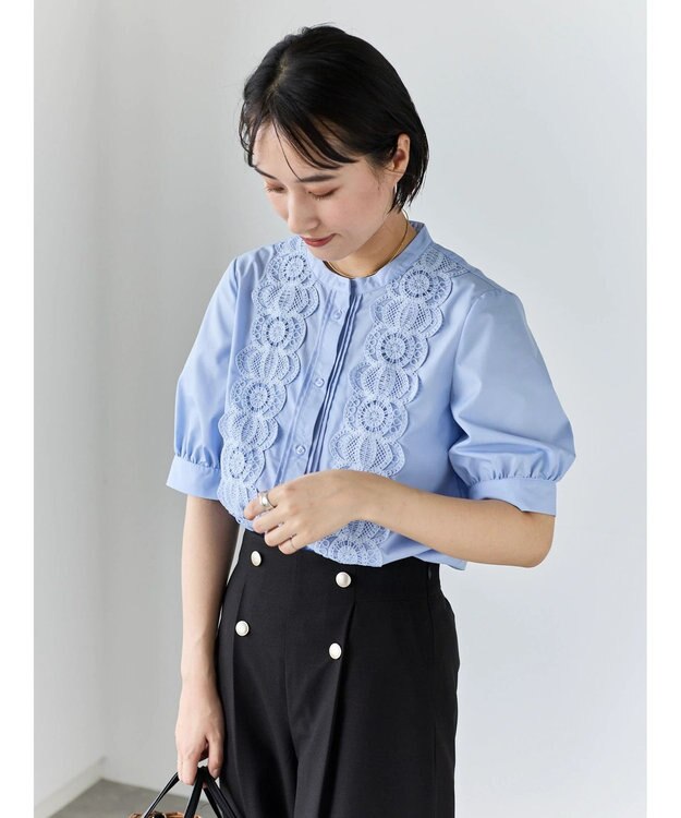 Te chichi ピンタック&レース5分袖ブラウス サックスブルー