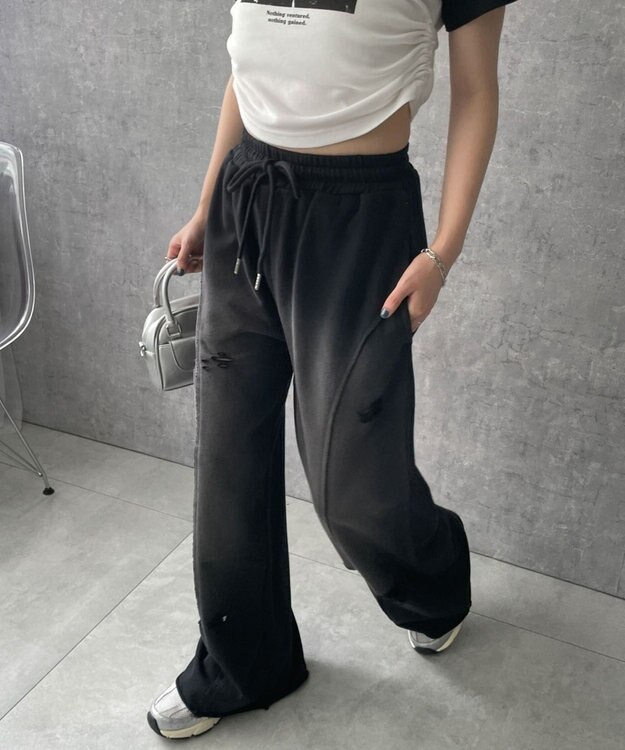 WEGO 【ウエストゴム】ヴィンテージウォッシュスウェットワイドパンツ ブラック