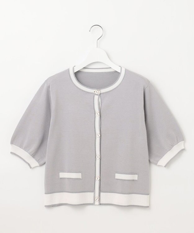 Feroux 【洗える】バイカラーハーフスリーブ カーディガン ライトグレー系