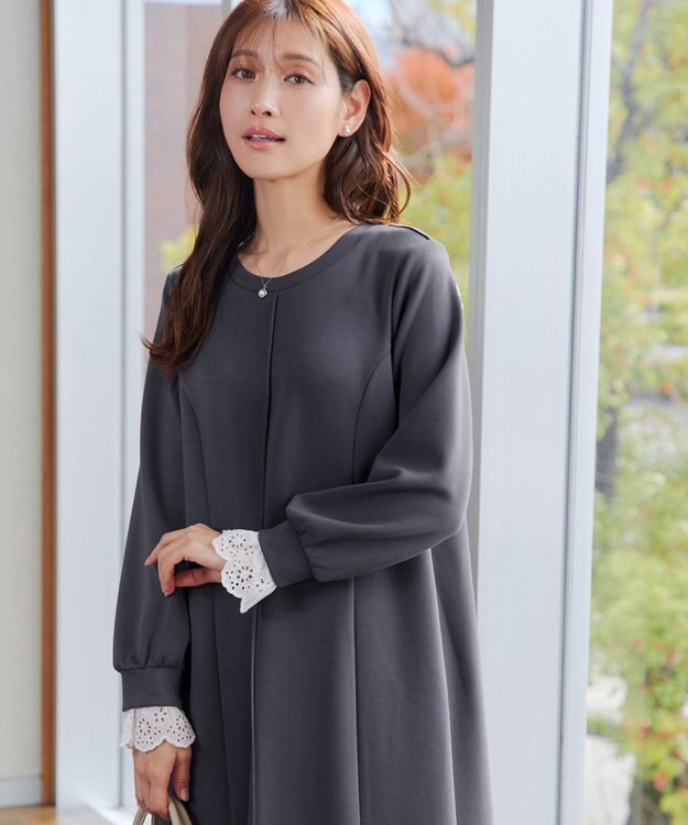 Tiaclasse コットンレースドッキングカットソーワンピース チャコールグレー