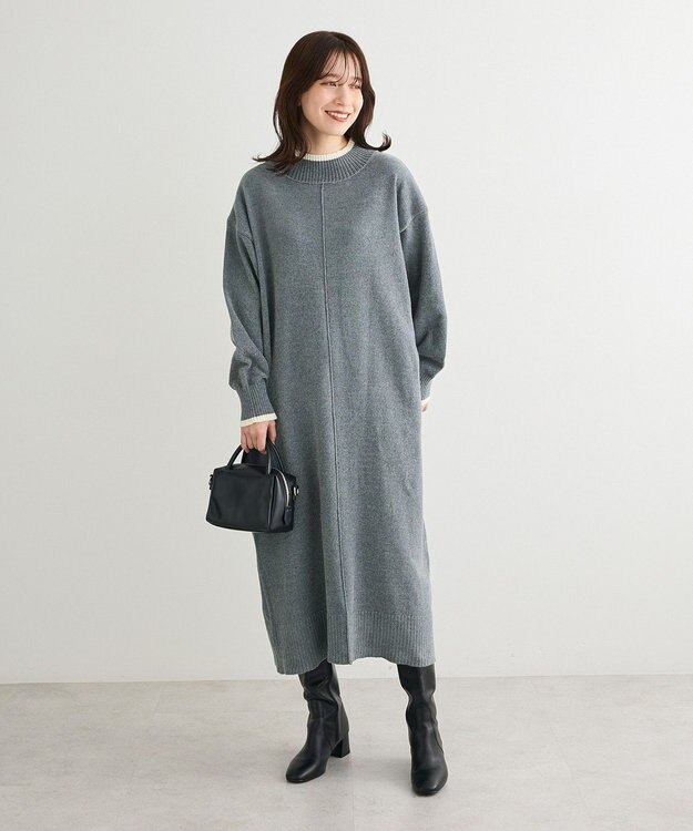 Green Parks 配色リラックスモールニットワンピース Gray