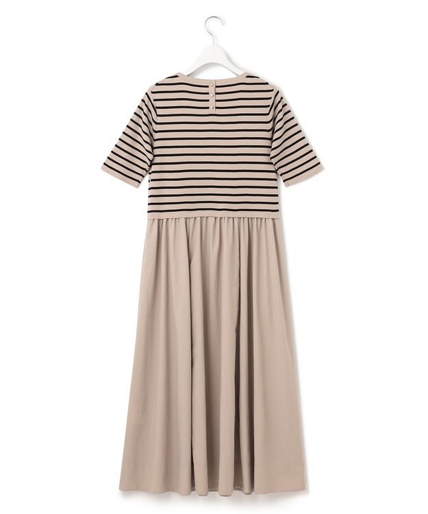 23区 【洗える】マットナイロンタフタ ニットドッキング ワンピース ベージュベース×ブラックボーダー