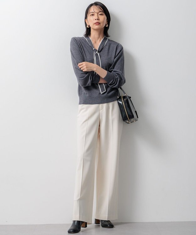 23区 L 【洗える】ウーステッドウール ボウタイ ニット グレー系