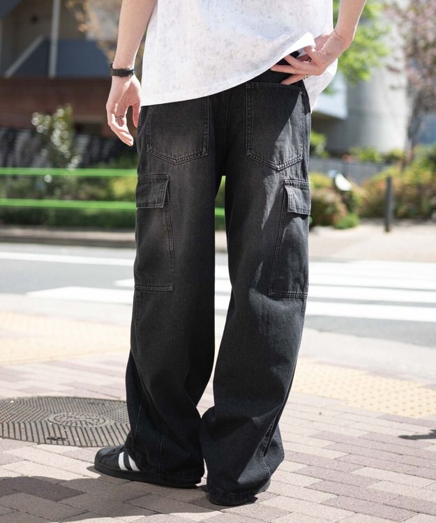 WEGO 【SMLサイズ展開/ウエスト紐】イージー3Dバレルレッグデニムカーゴパンツ デニムブラックソノタ