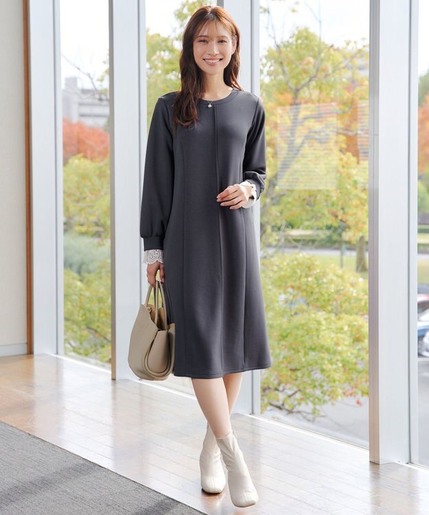 Tiaclasse コットンレースドッキングカットソーワンピース チャコールグレー