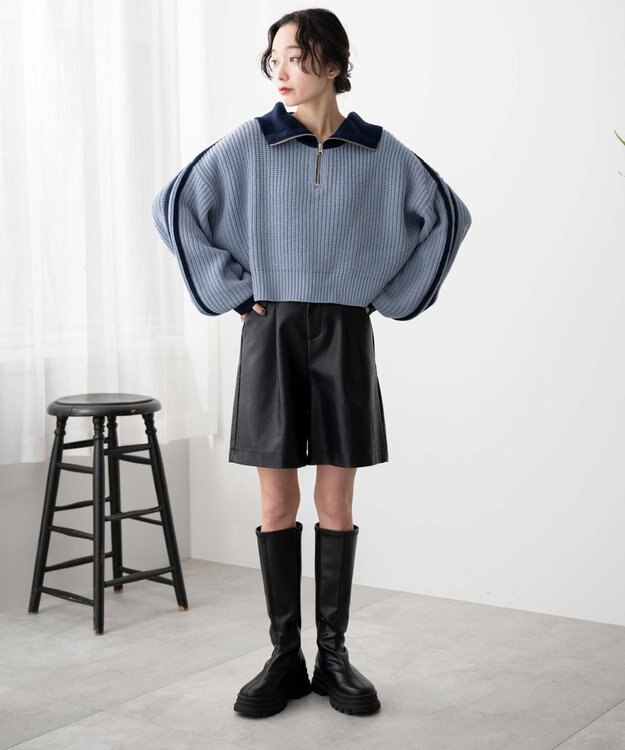 WEGO 2ラインハーフジップニットプルオーバー ブルー